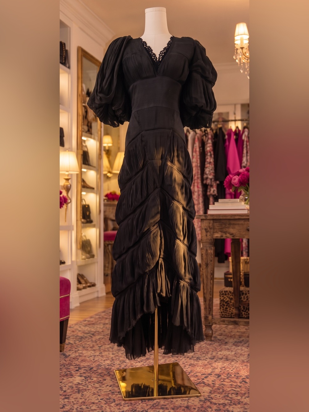 Rare Fendi 2023 Runway Black Pleated Balloon Sleeve Maxi Dress